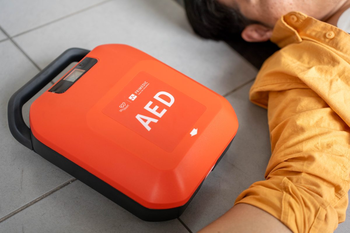 AED electrode pads placed on a patient's chest