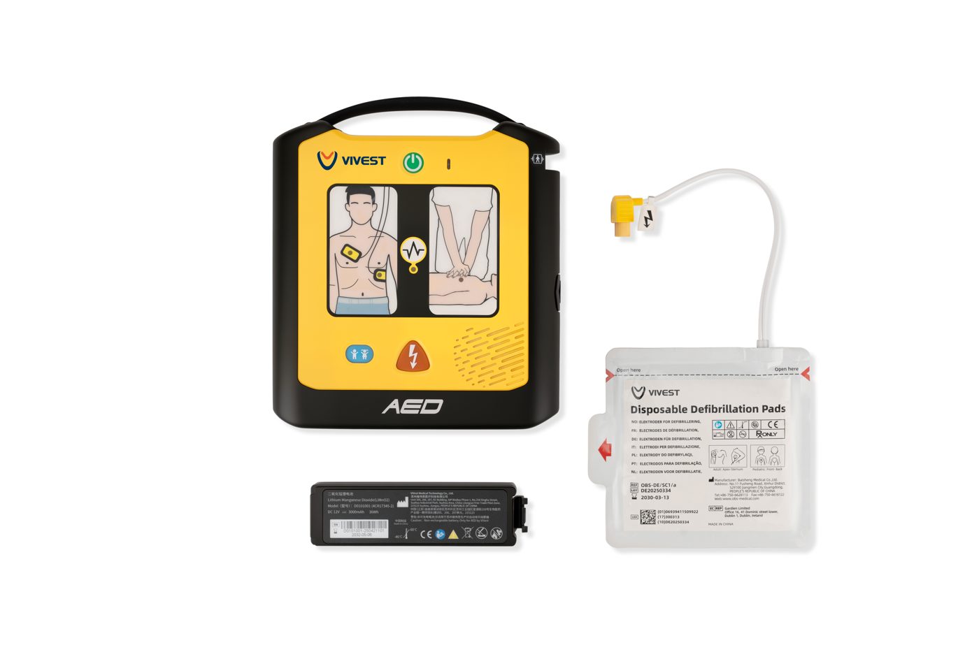 Vivest A1 AED with electrode pads and battery